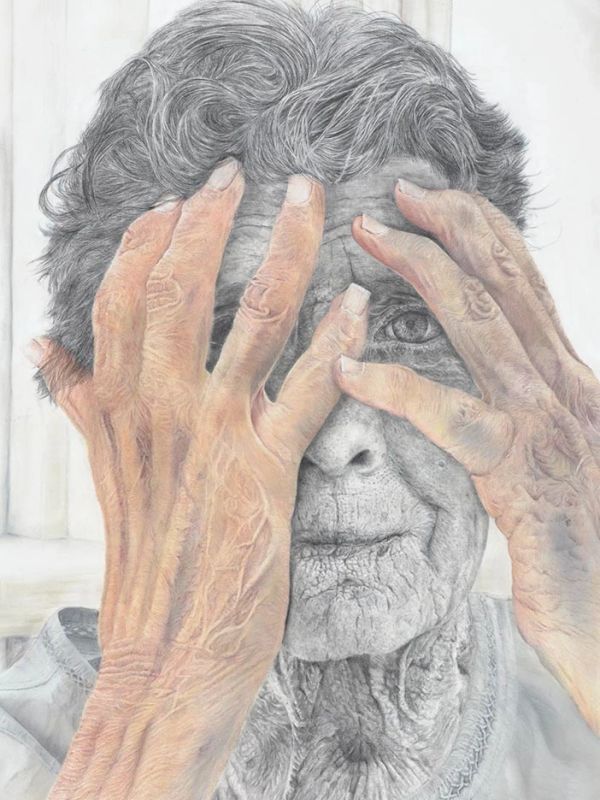 Detailed portrait of an elderly person partially covering their face with hands.