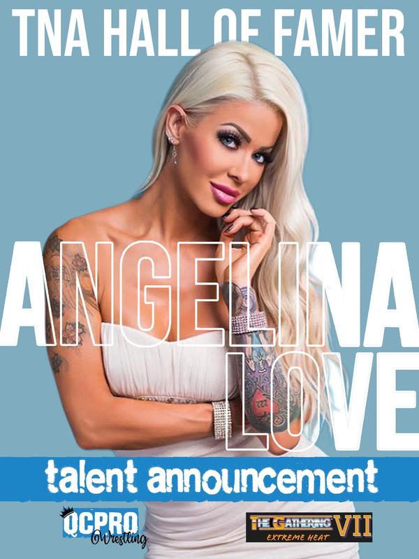 Portrait of a tattooed woman with platinum blonde hair and bold makeup against a blue background.