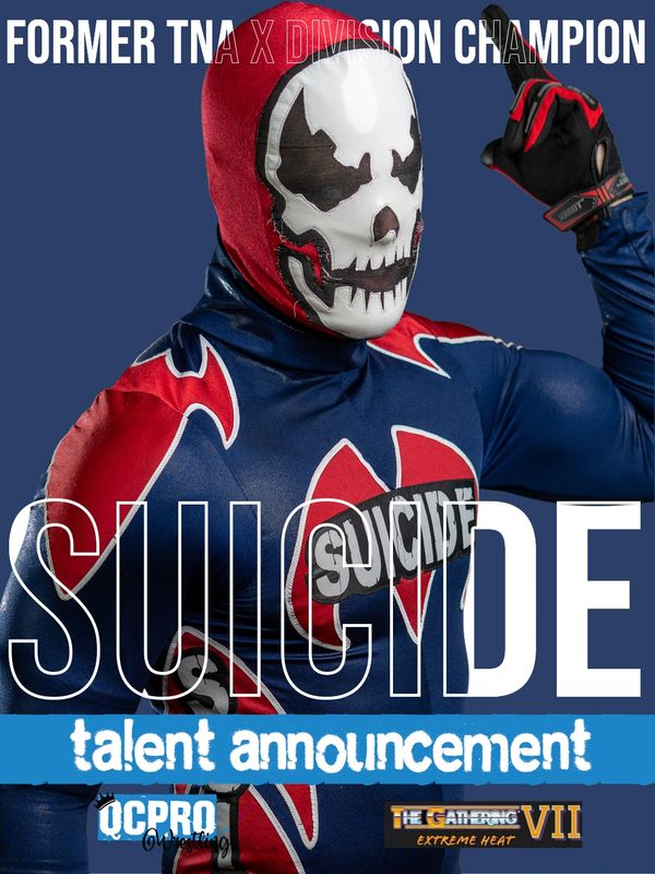 Masked wrestler in skull-themed costume posing for Suicide DE announcement.