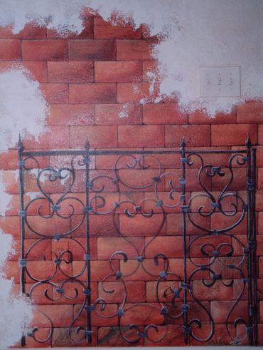 An aesthetic painting of a fence on a plain white wall