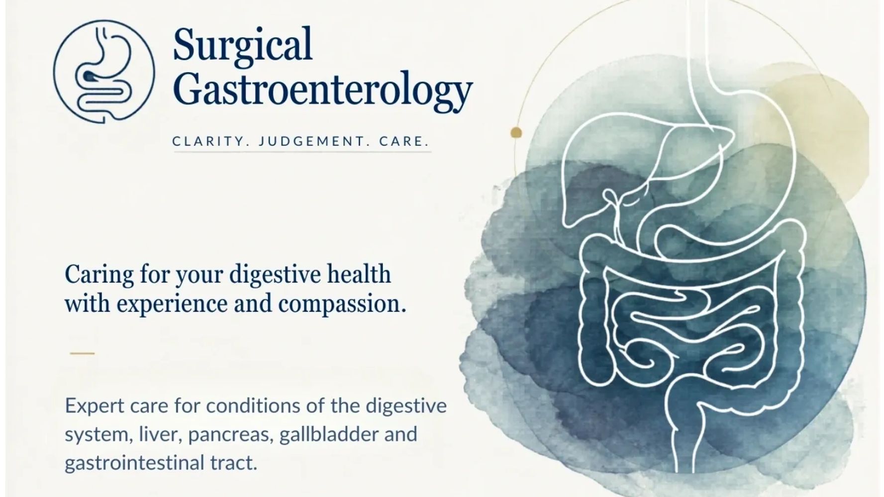 Surgical Gastroenterology logo with digestive system illustration and compassionate care message.