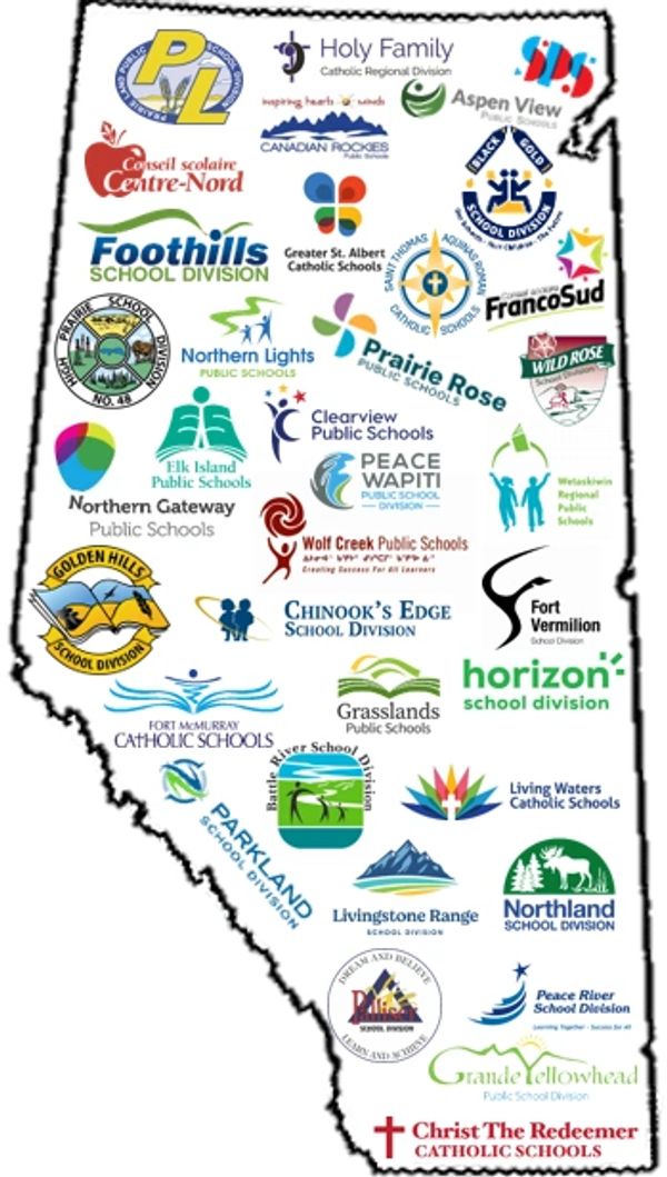 Map of Alberta showcasing logos of various school divisions and public schools.