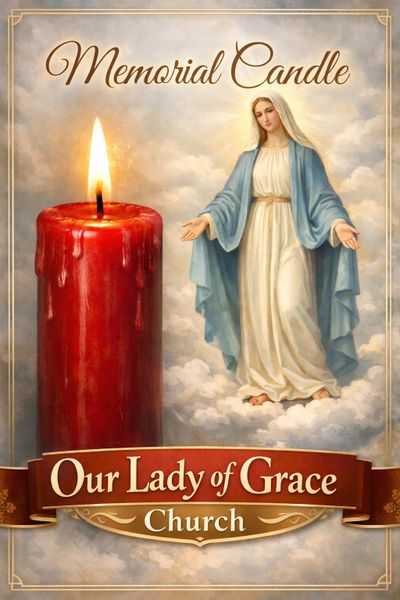 A memorial candle with an image of Our Lady of Grace in clouds.