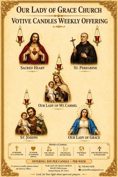 Poster showing votive candle offerings at Our Lady of Grace Church with religious figures and candle donation details.