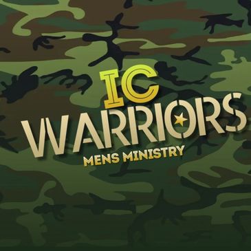 Logo for IC Warriors Men's Ministry with camouflage background.