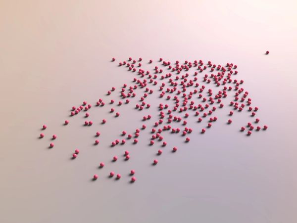 Small red spheres arranged in a scattered, grid-like pattern on a smooth surface.