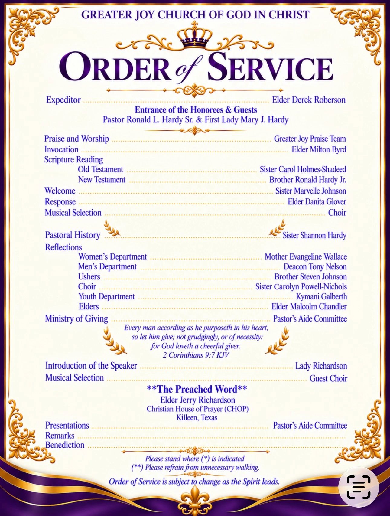 Order of Service program from Greater Joy Church of God in Christ.