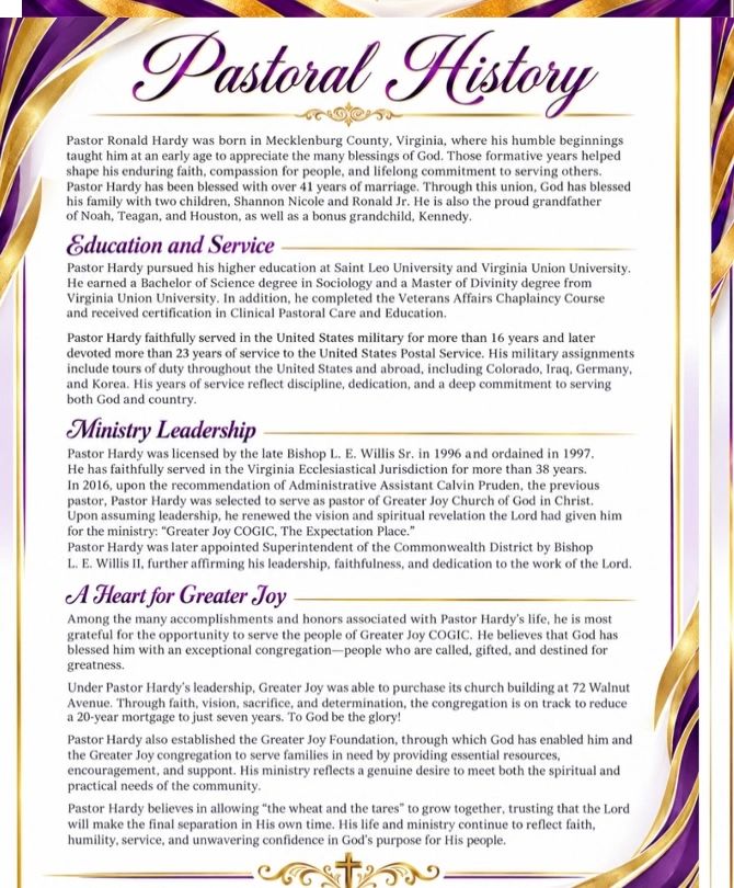 Pastor Ronald Hardy's life story and ministry achievements.