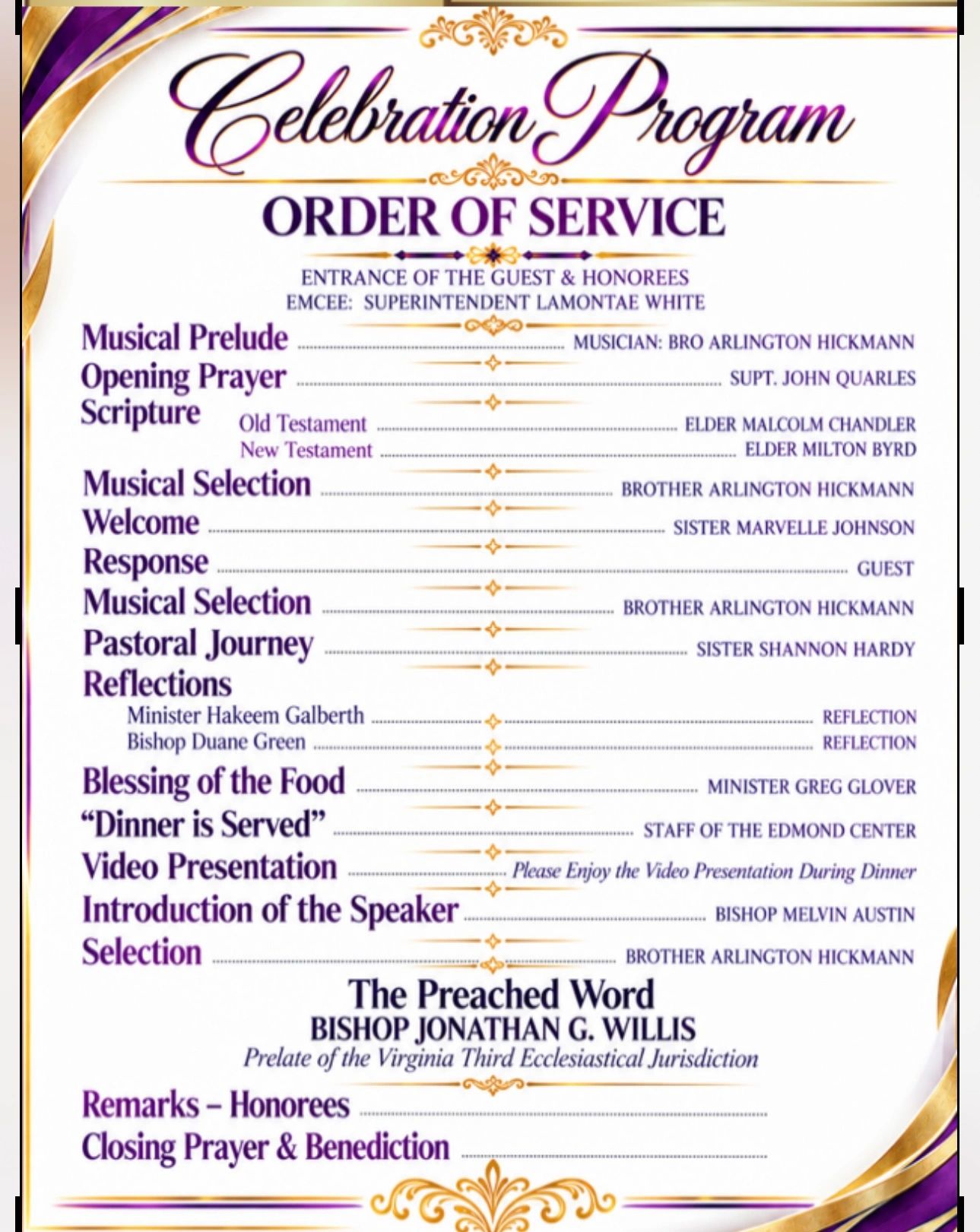 Celebration Program order of service with speakers and musical selections.