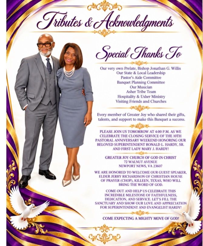 Tributes and acknowledgments for Greater Joy Church's pastoral anniversary.
