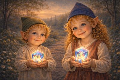 Two elf children hold glowing crystal cubes in a magical forest at sunset.