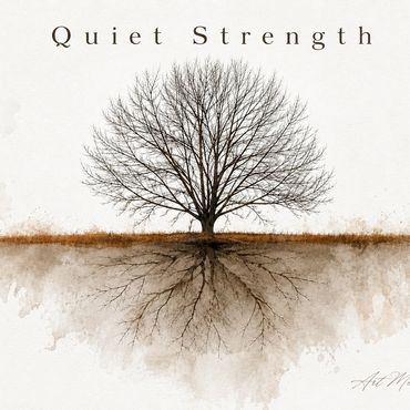 A bare tree symbolizes quiet strength with its roots reflected below.