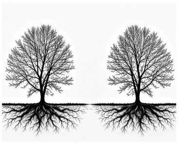 Two leafless trees with visible roots on white background.