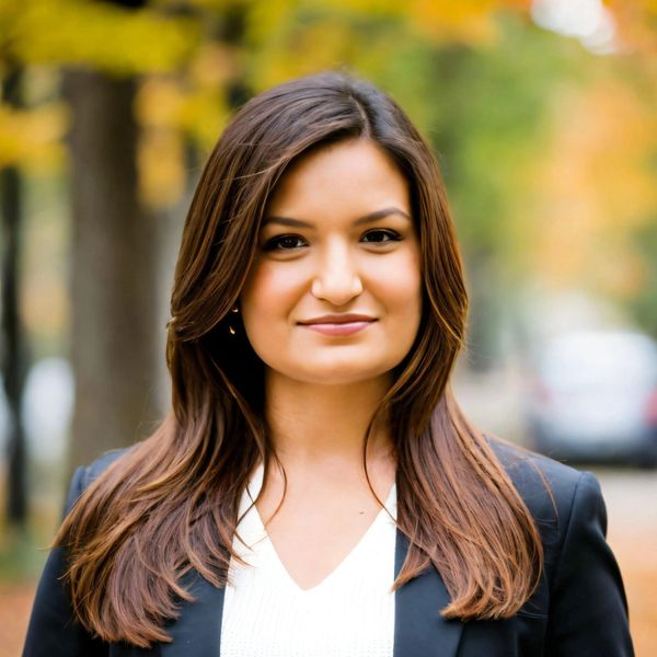 Confident woman with long hair wearing a blazer outdoors in autumn.