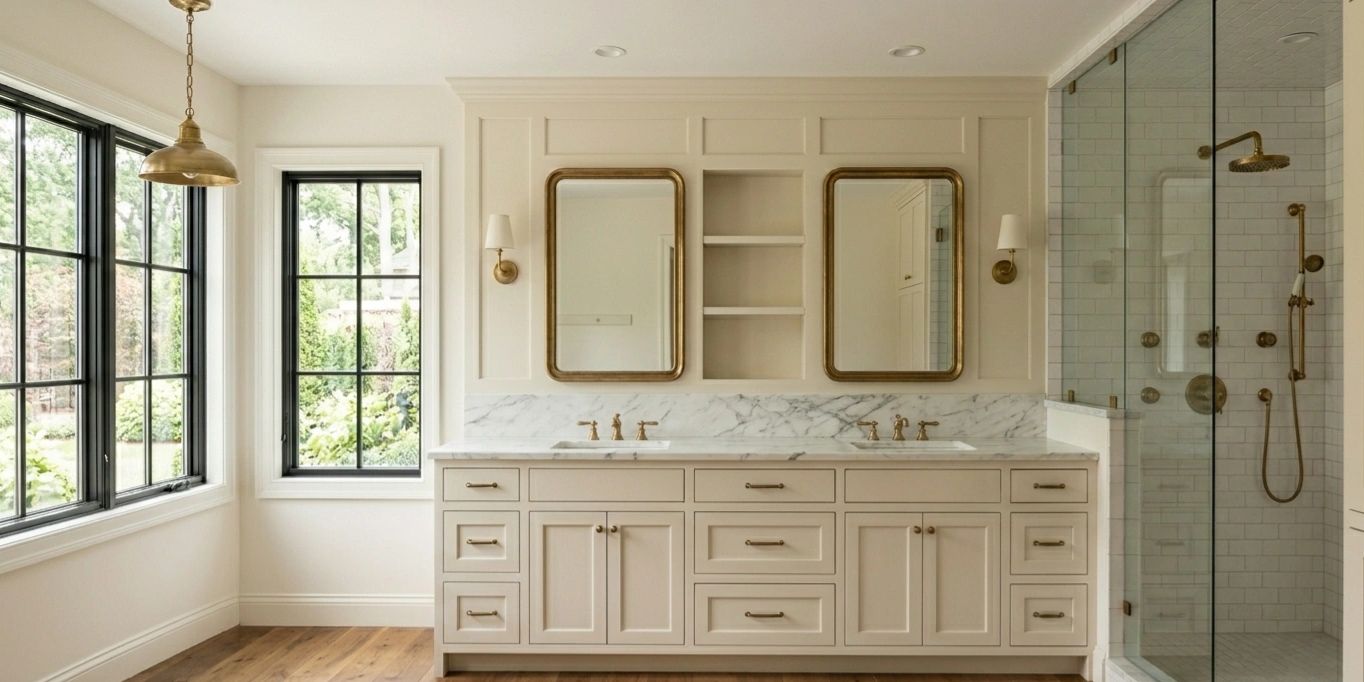 Elegant bathroom with double sinks, marble countertop, brass fixtures, and glass-enclosed shower.