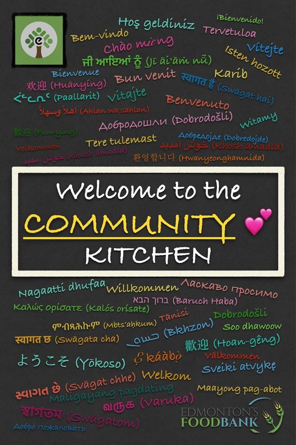 Welcome message for a community kitchen in multiple languages.