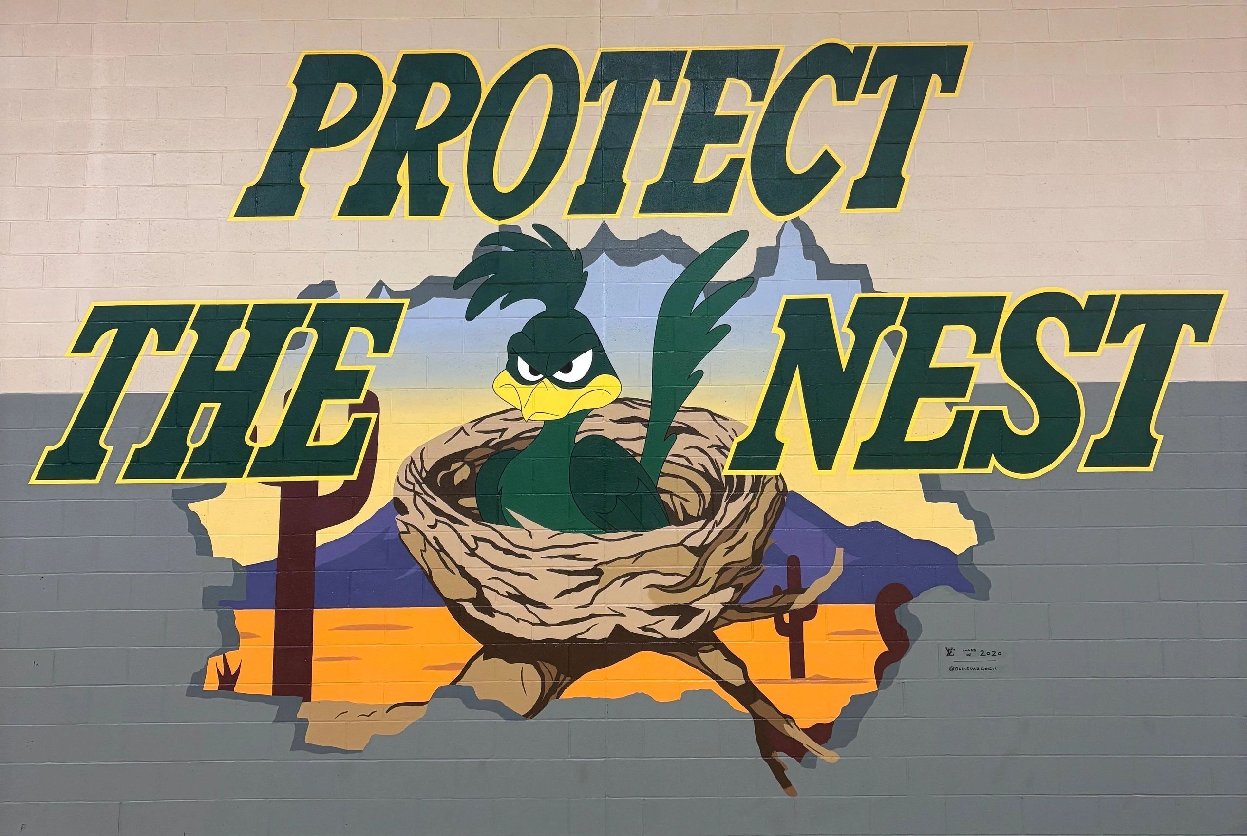 Mural with a fierce bird in a nest and text 'Protect the Nest'.