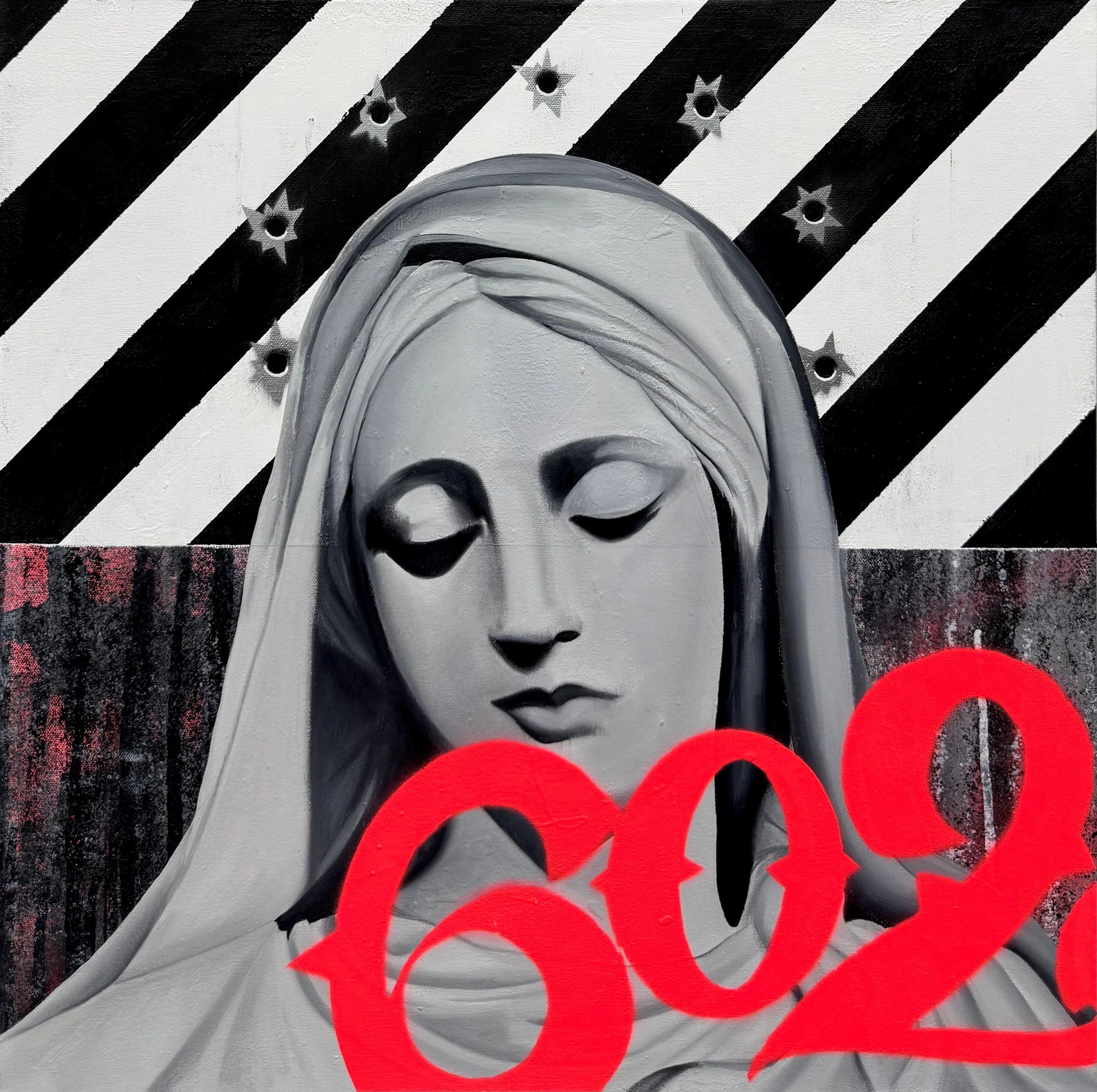 Graffiti art of a serene Madonna with red spray-painted numbers and star-shaped bullet holes on striped background.