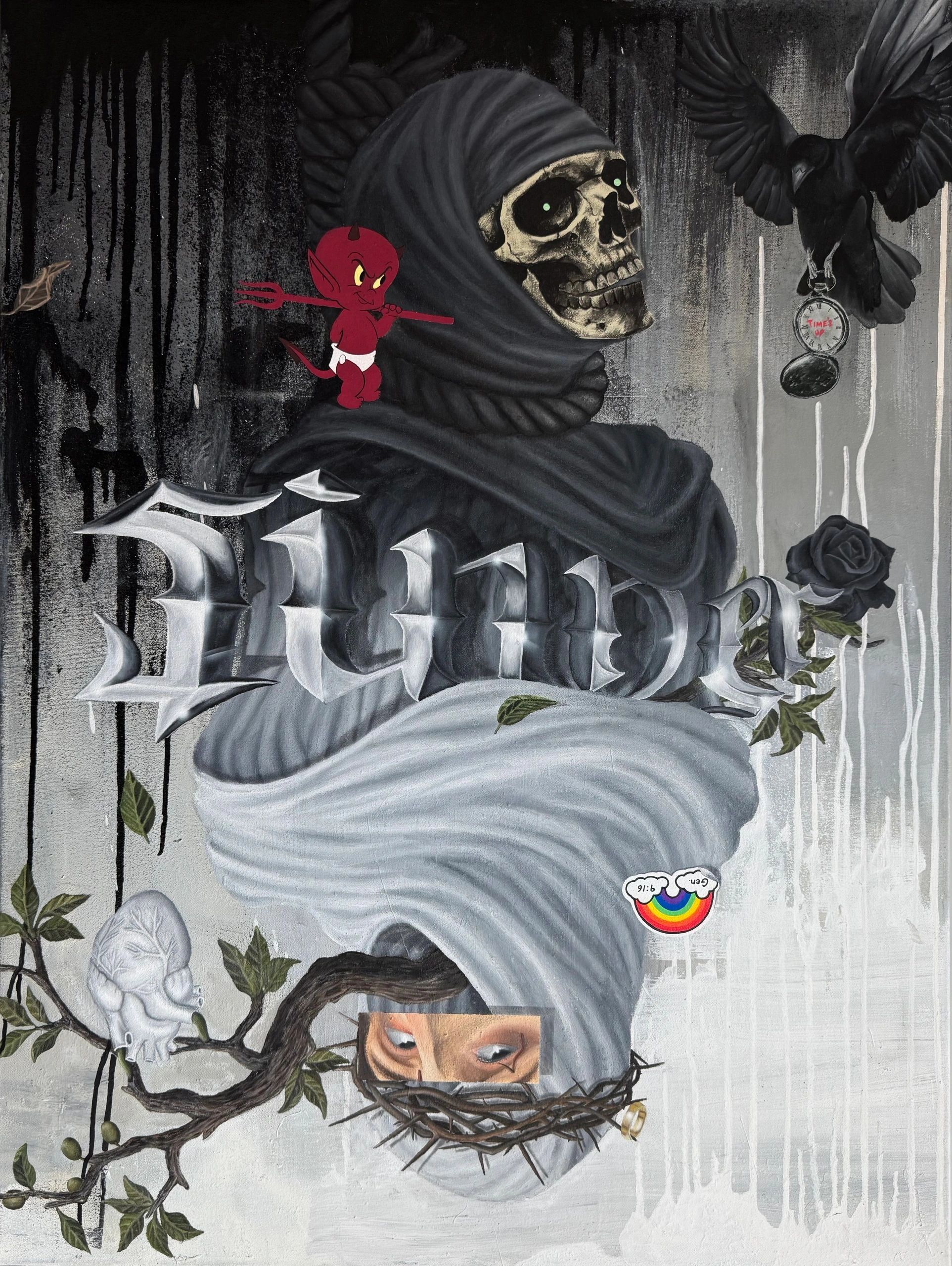 A dark, surreal painting with a skull figure and symbolic elements.