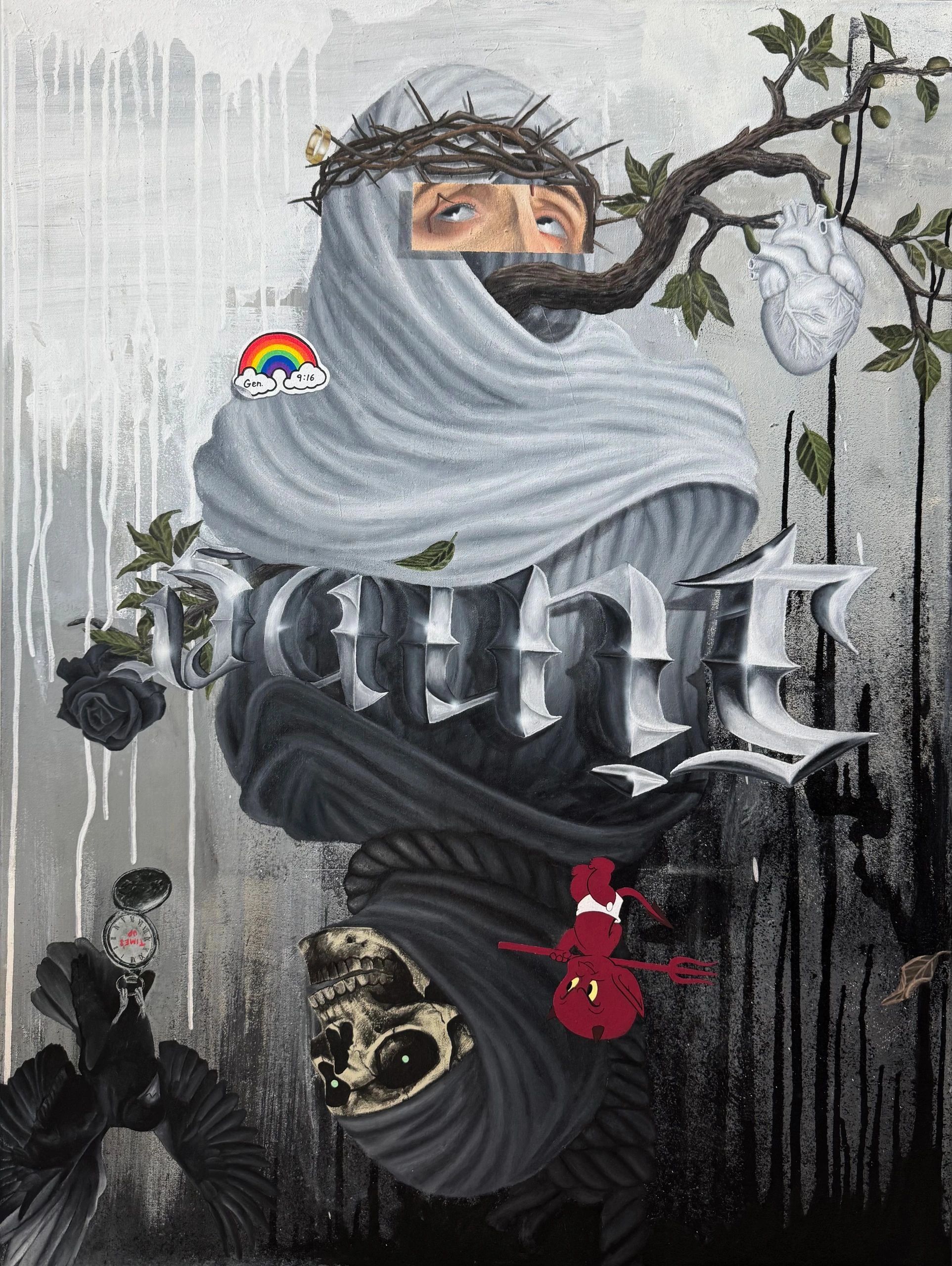 Surreal artwork blending life, death, and faith with symbolic elements.