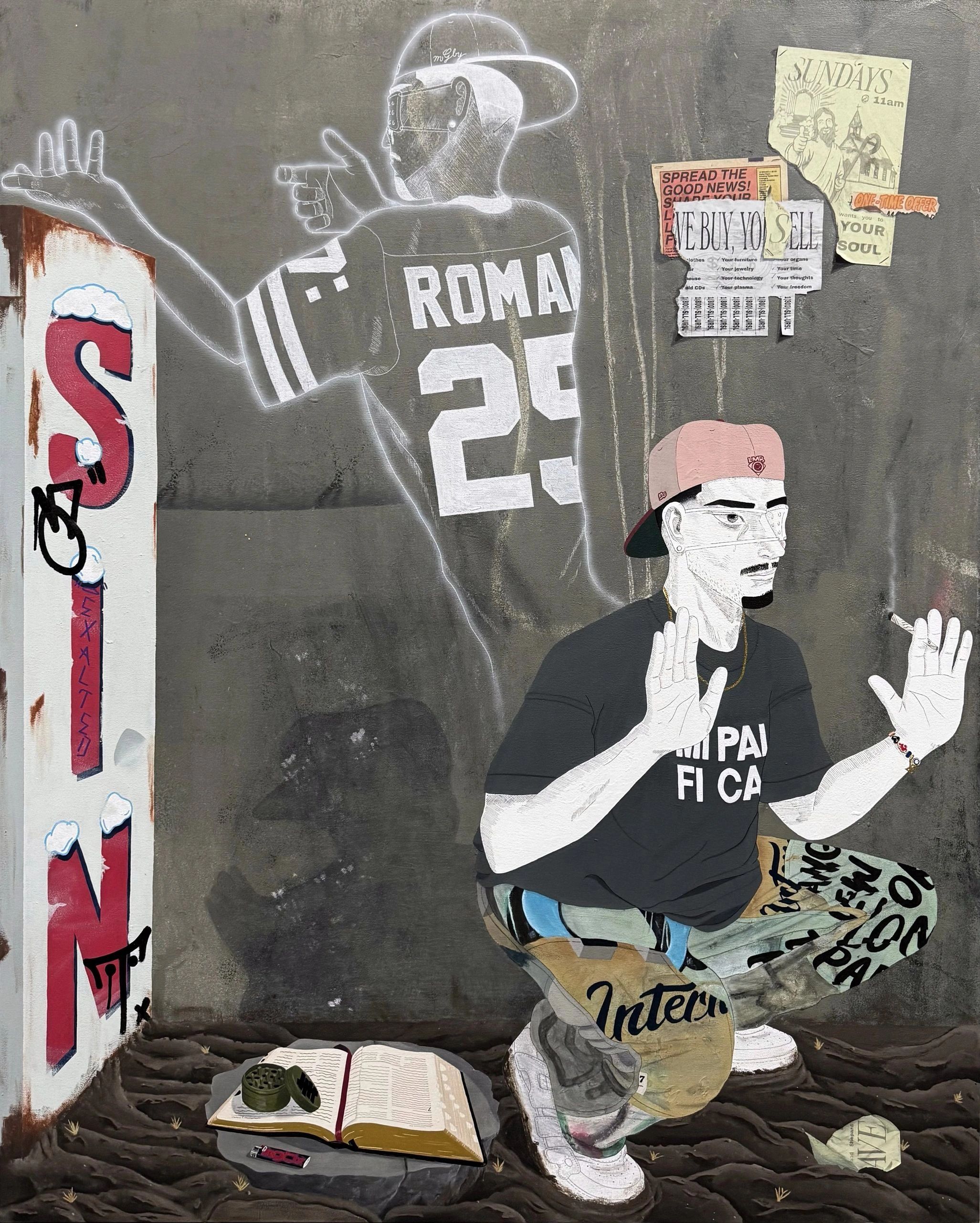 Street art showing a man squatting with a ghostly figure behind him and various posters on the wall.
