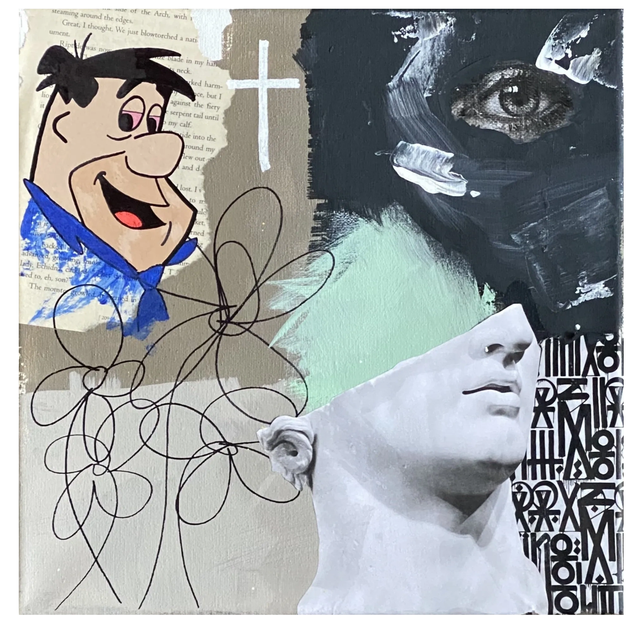 A mixed media artwork blending cartoon, classical sculpture, and abstract elements.