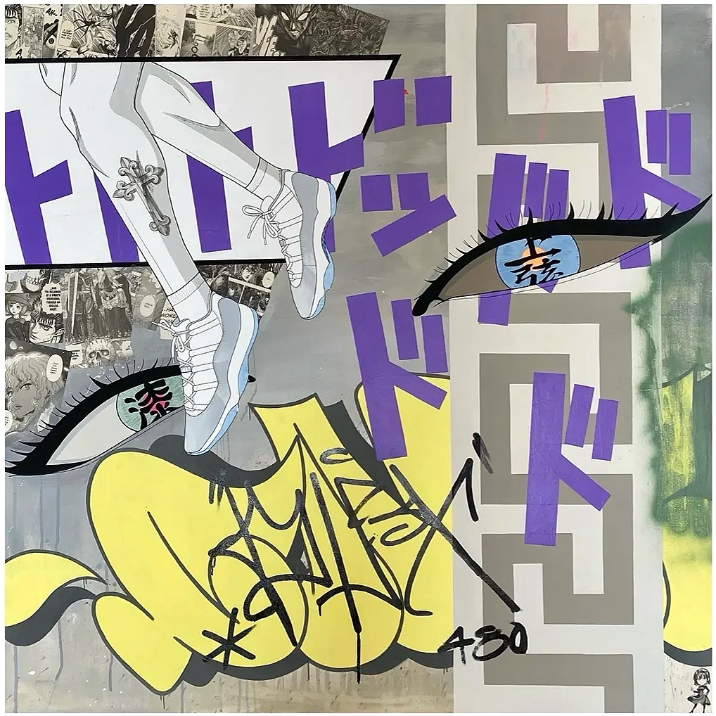 Street art with anime eyes, legs in sneakers, and vibrant graffiti in purple and yellow.