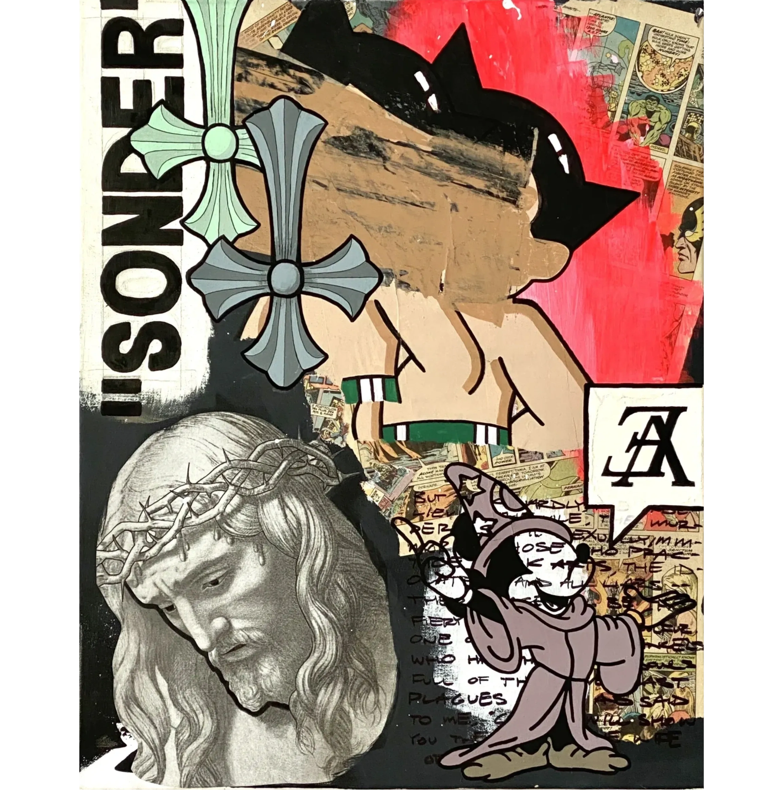 Mixed media artwork blending religious imagery, cartoons, and text in a vibrant collage.