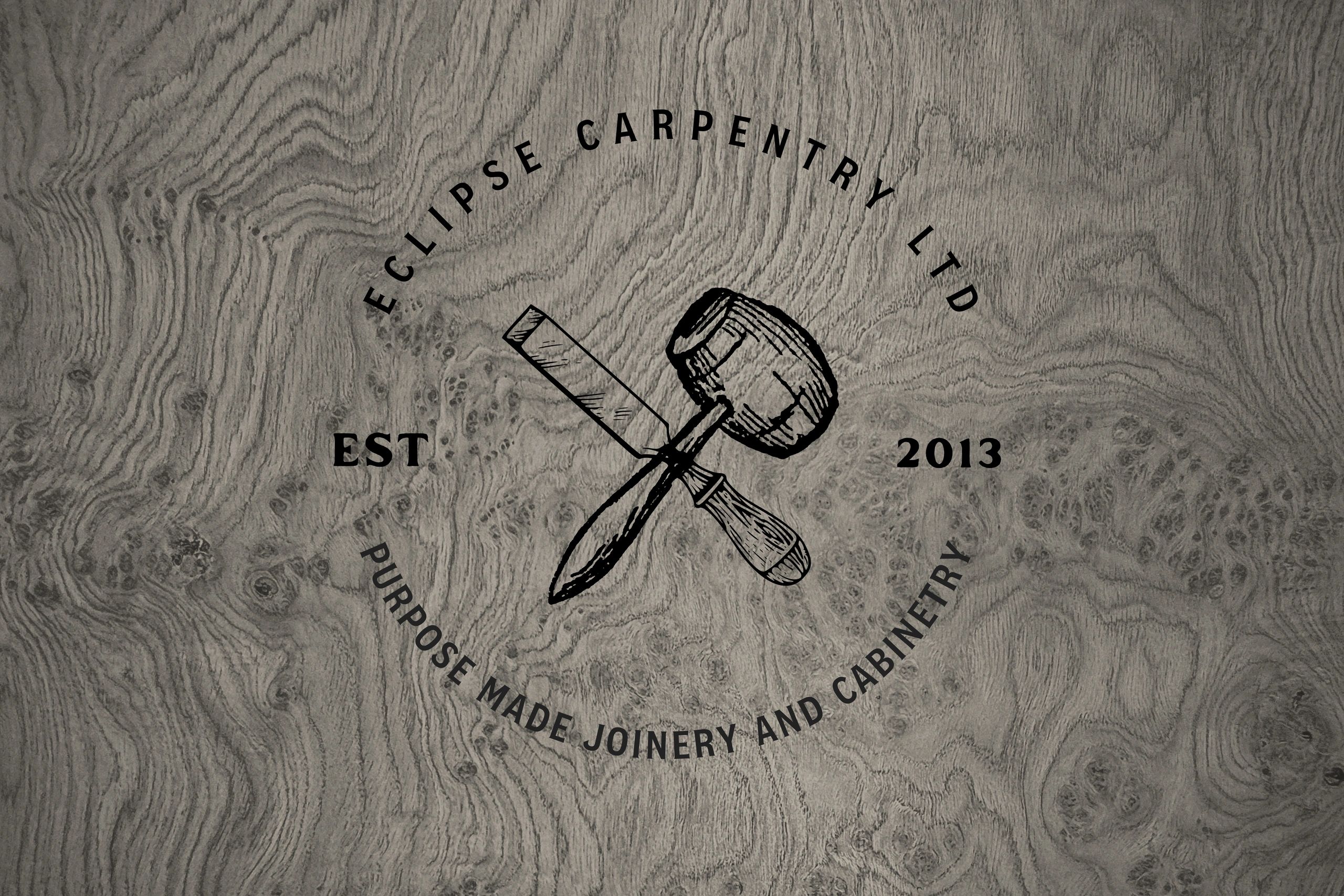 Logo of Eclipse Carpentry Ltd with woodworking tools on wood grain background.