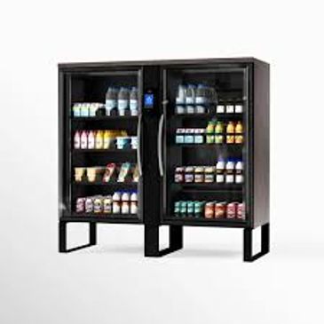 A modern black double-door refrigerator stocked with various beverages.