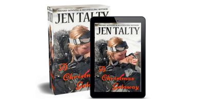 Book "A Christmas Getaway" by Jen Talty shown in print and digital formats.