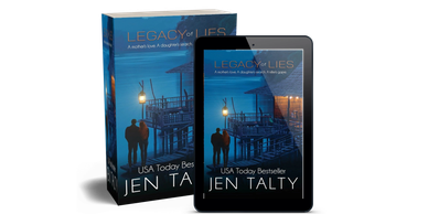 Book cover and digital tablet of "Legacy of Lies" by Jen Talty.