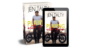 Book cover of "Playing with Fire" by Jen Talty featuring a man and a motorcycle.