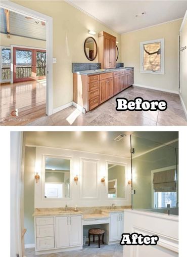 Before and after of a bathroom vanity renovation.