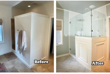 Before and after of a shower renovation.