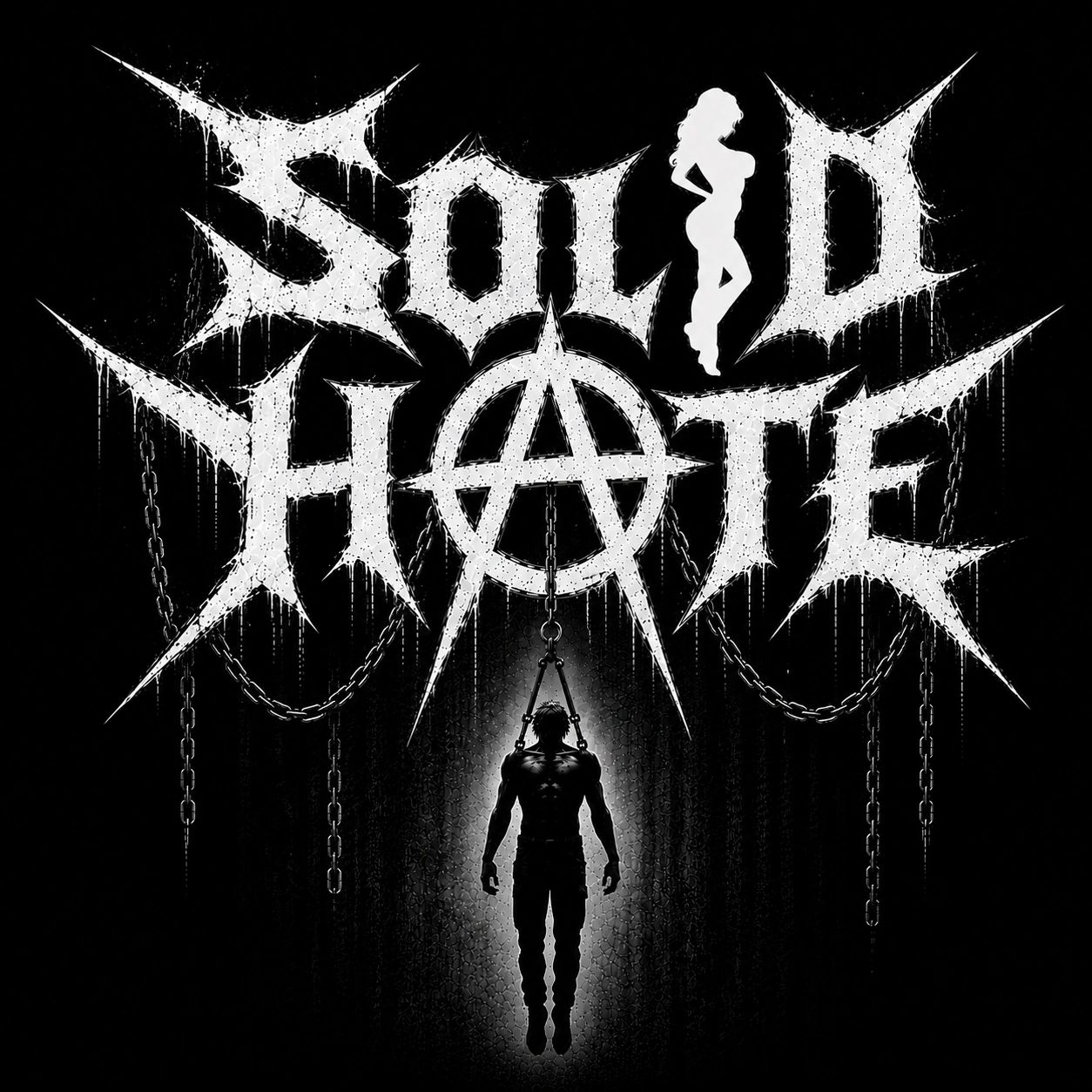 Dark graphic with chains, silhouetted figure, and bold text.