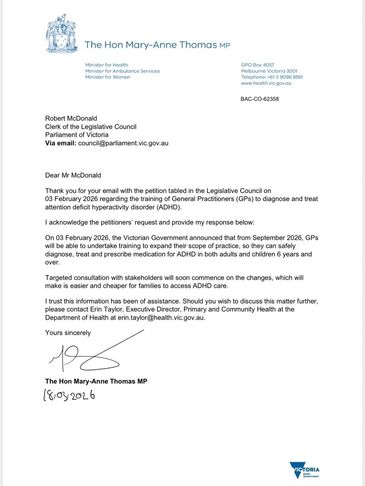 Official letter from Hon Mary-Anne Thomas MP addressing ADHD treatment training for GPs in Victoria.
