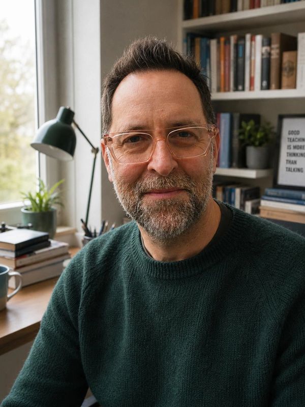 Man with glasses and beard smiling indoors.