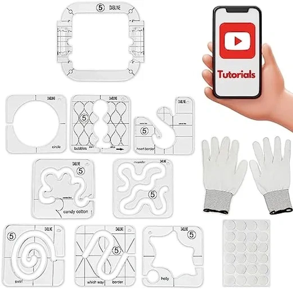 DABLINE 13 PCs Quilting Template Set Includes 8 Quilting Templates, Quilting Frame, Quilting Gloves,