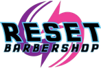 Logo of Reset Barbershop with bold letters and a lightning bolt.