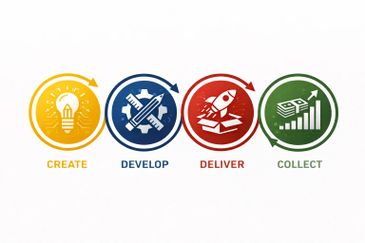 Four-step process: Create, Develop, Deliver, and Collect, illustrated with icons and arrows.