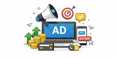 Digital marketing and advertising with laptop, megaphone, and buy now button.