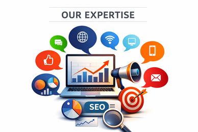 Digital marketing and SEO expertise represented by icons and analytics.