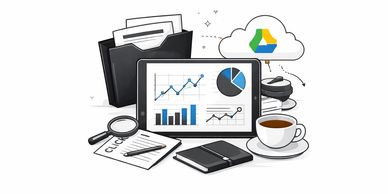 Digital analytics workspace with graphs, documents, and cloud storage.