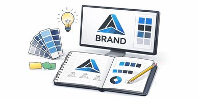 Workspace showing brand logo design process with color swatches and sketches.