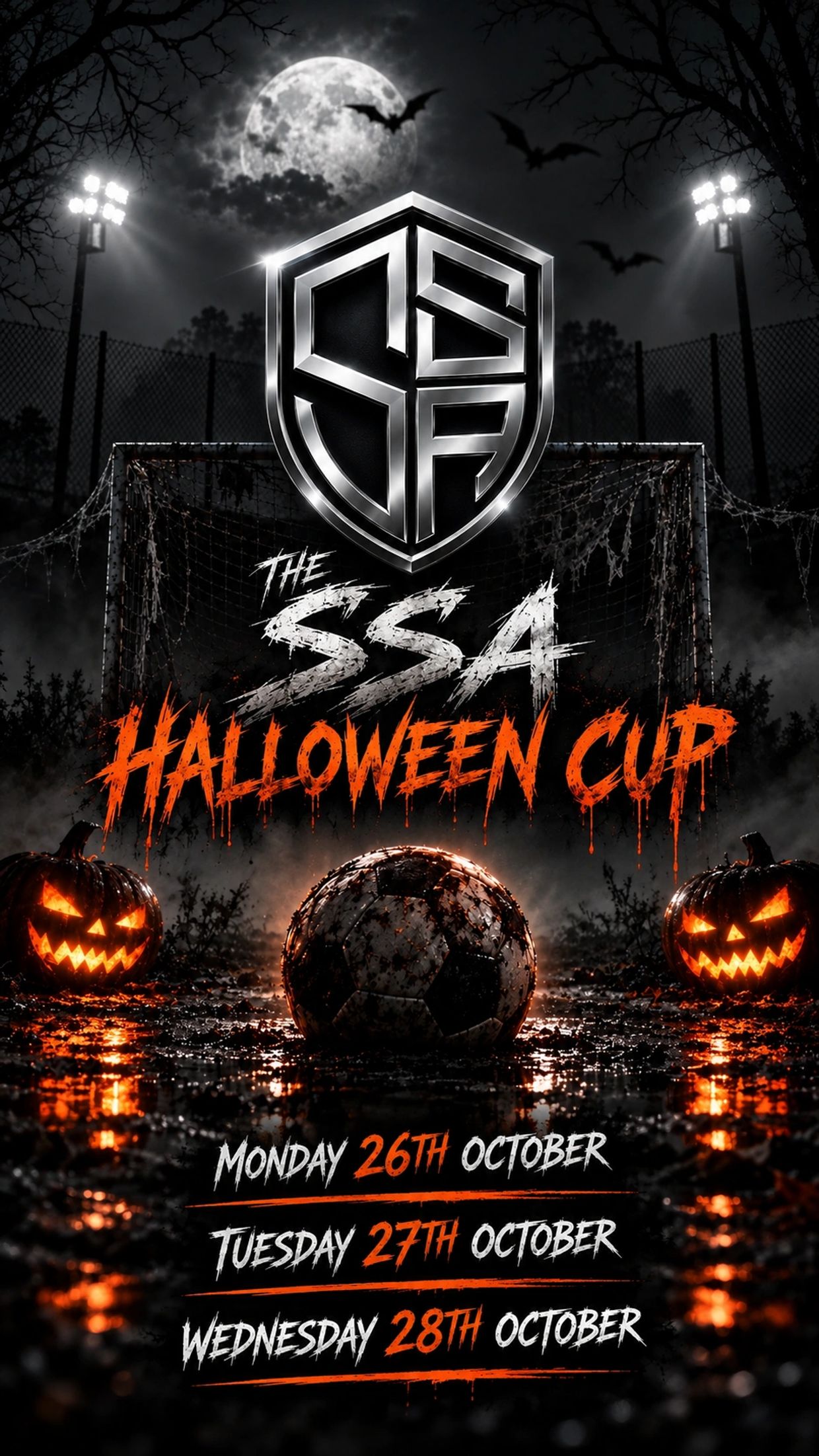 Halloween-themed SSA cup poster with pumpkins and soccer ball.