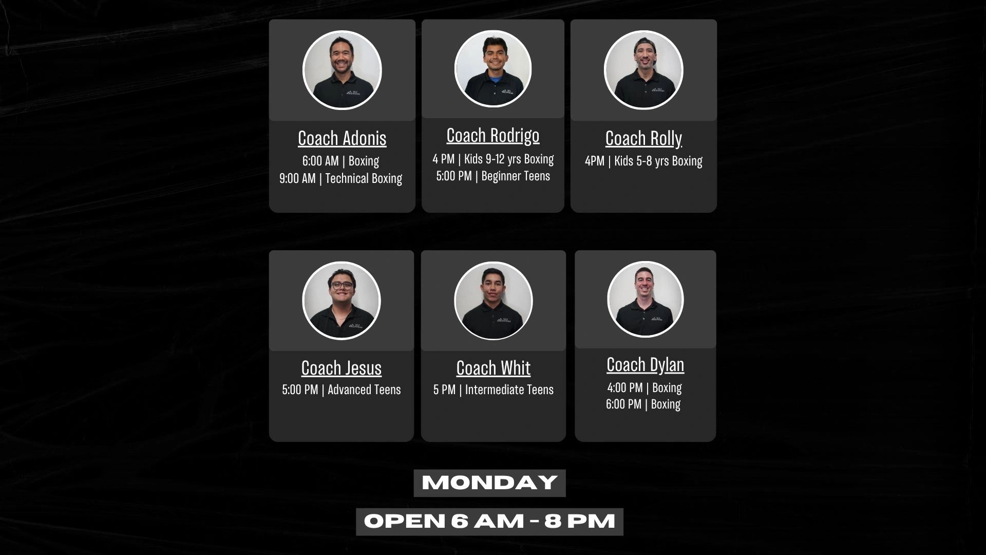 Monday boxing coaches and their schedules from 6 AM to 8 PM.