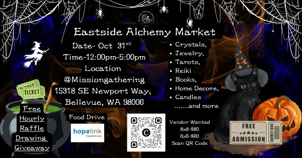 Halloween-themed Eastside Alchemy Market flyer with event details and spooky graphics.