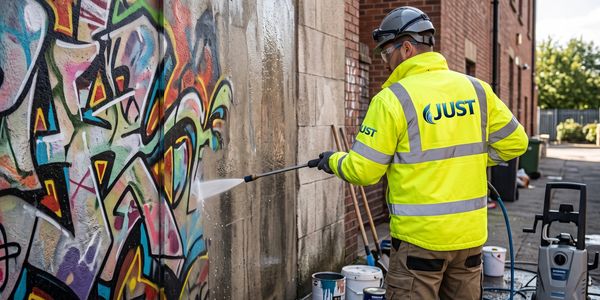 Worker pressure washing graffiti off a wall.
