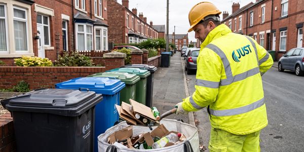 Worker in yellow uniform sorting recyclables on a residential street.